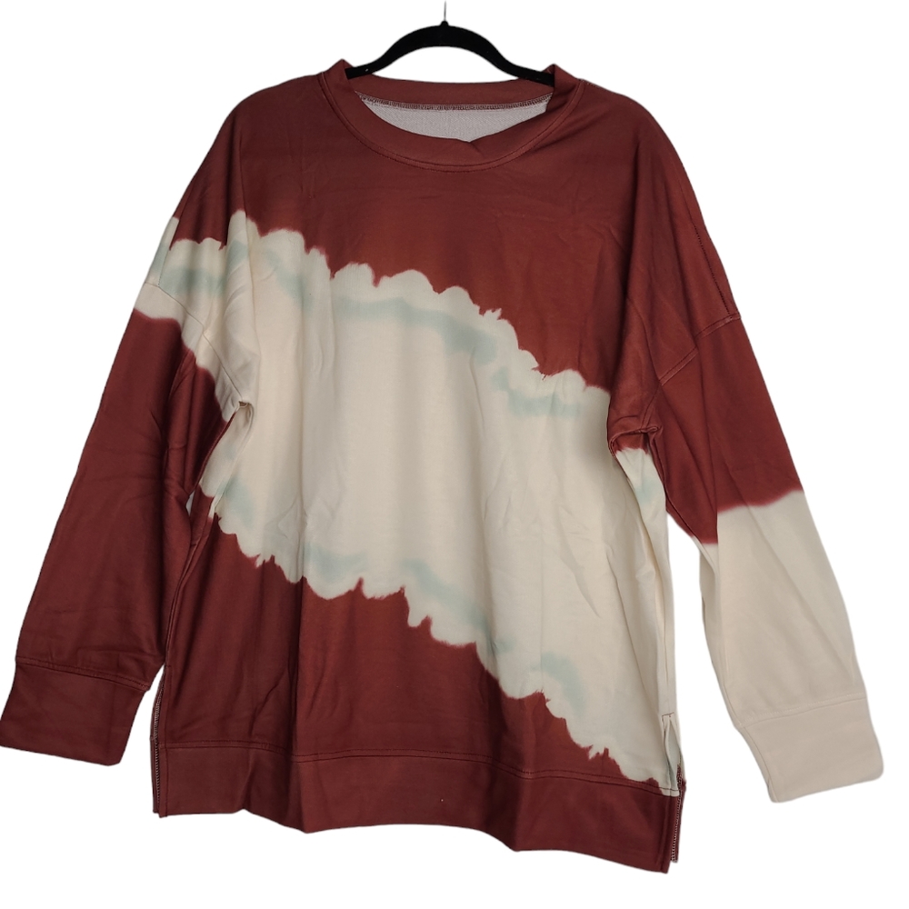 Women Drawstring Loose Pullover Long Sleeve Color Block Shirt Size XL